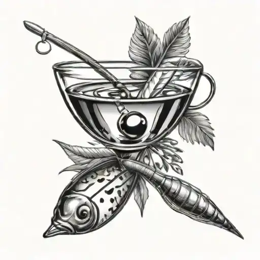 Martini Glass With 2 Olives And A Fishing Lure Hanging Off The Side