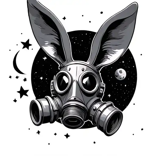 A Gas Mask With Bunny Ears Floating In Space With A Moon And Starry Sky Background
