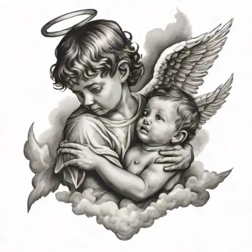 Boy Angel Holding Baby Angel Looking At Him With Clouds In Background