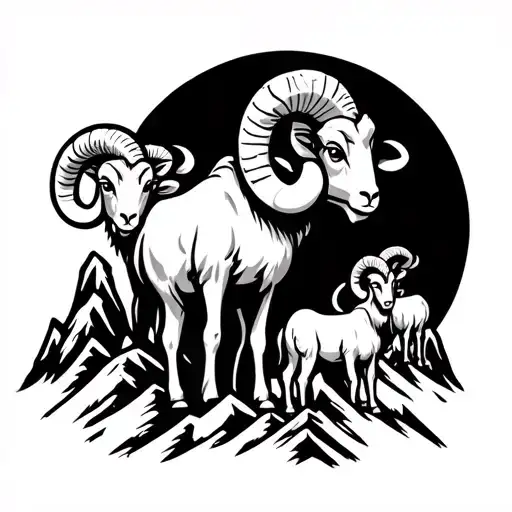 3 Cartoon Rams On A Mountain Range