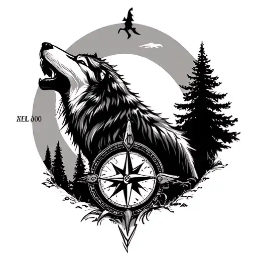 Half Sleeve Wolf Howling At The Moon In Forest And A Compass With Showing Time