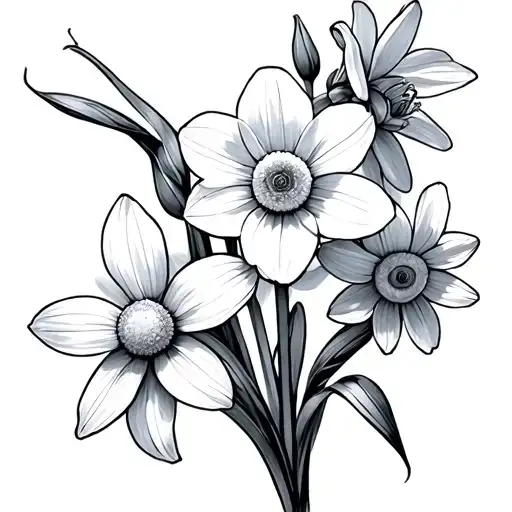 Fine Line Bouquet Of Two Narcissus And One Daisy Flower