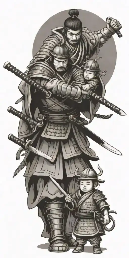 Samurai In Full Armor Ready For War With 2 Children Holding His Arms To Pull Him