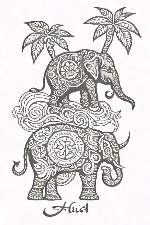 Small Elephant With Fijian Elements And The Leaves Of A Money Tree Along With The Letters Y N L R