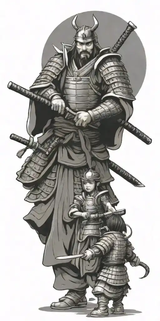 Samurai In Full Armor Ready For War With 2 Children Holding His Arms To Pull Him