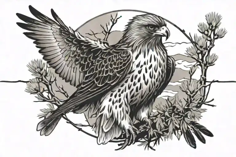 Red Tail Hawk On A Barbed Wire Fence With A Sagebrush Background