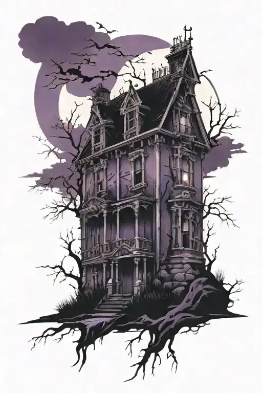 Haunted House Graveyard Dark Purple Sky