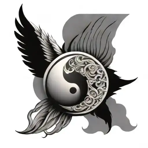 Sun With Yin Yang Symbol And Bottom Of The Sun With Wings At Both The Ends