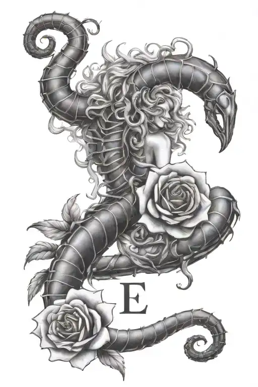 Scorpion Based Tattoo With A Faceless Woman With Curly Hair And The Letter E In A Rose