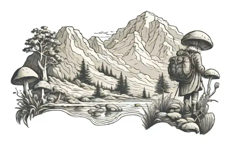 Mountain Range With An Old Lady Gathering Mushrooms Walking Away To It