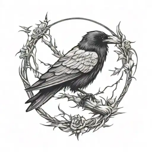 Raven With Its Wings Spread Facing Forwards In A Circle Of Thorns Wrapped