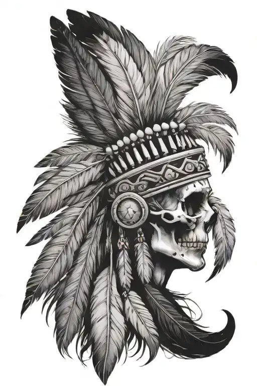 Skull And Indian Head Dress With Long Feathers