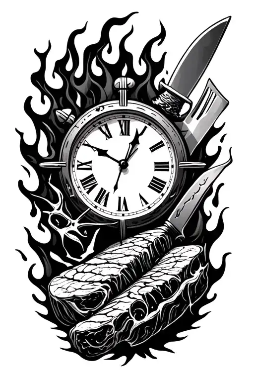 Broken Clock And Knife And Forkand Meat And Flames