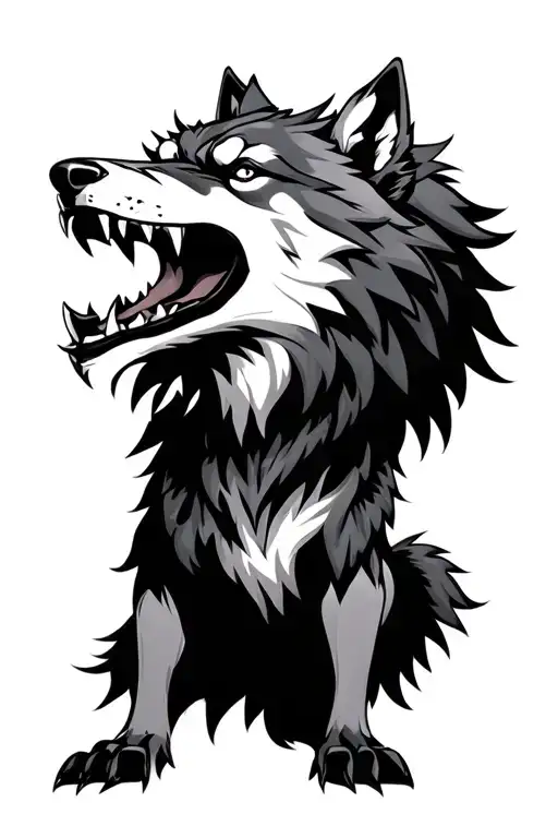 A Huge Wolf In The Japanese Style Is Detailed And With Very Large Fangs And An Open Mouth