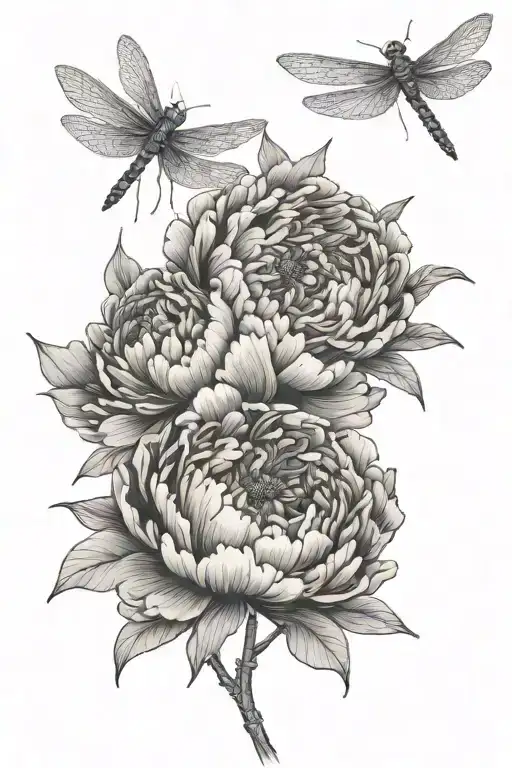 Peony And Dragonfly Flying