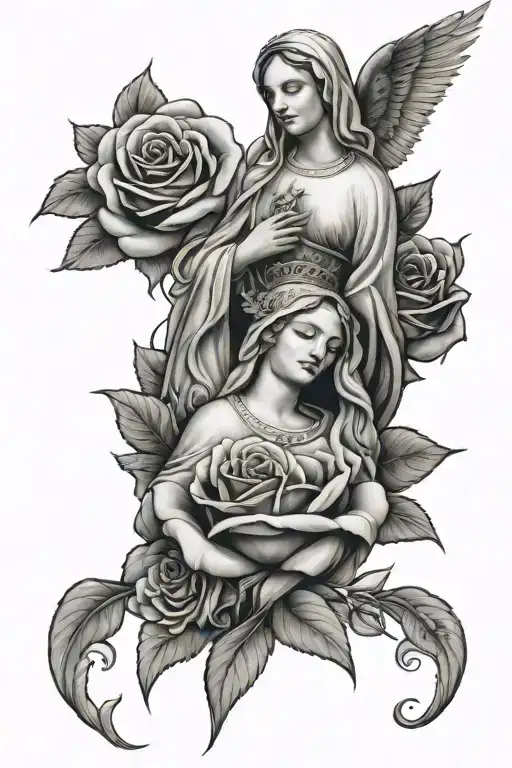 Virgen Mary White Dove Red Roses Growing