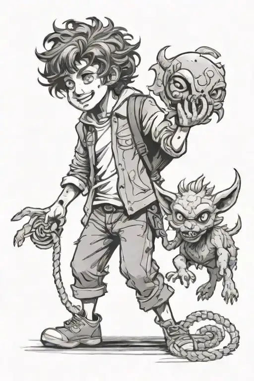 Happy And Kind Shaggy Haired Boy Holdin Demon On A Leash