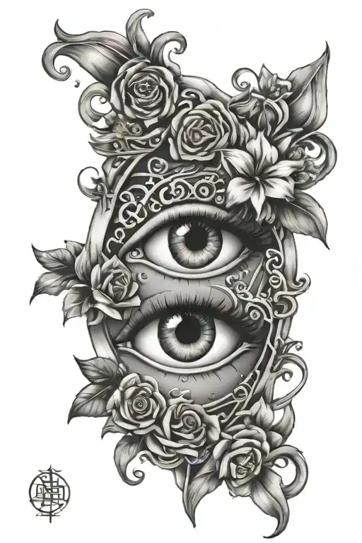 Eye Surrounded By Music Notes Intertwined With A Hour Glass And Flowers