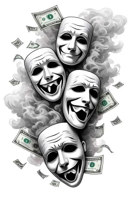 Comedy Amd Tragedy Masks With 100 Dollar Bills And Smoke N Clouds To Fill Background