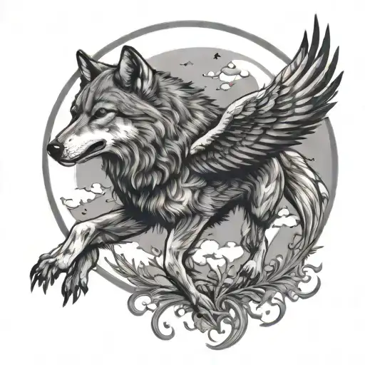 Wolf And Hawk Flying With Moon Surrounded