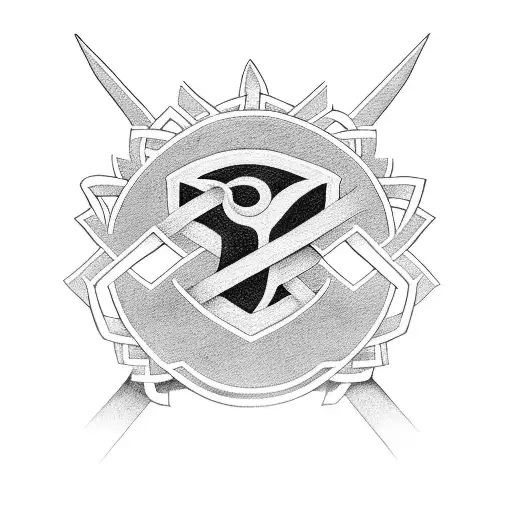 A Detailed Black-grey Tattoo Of A Power Ranger Symbol Intertwined With Cancer Ribbons