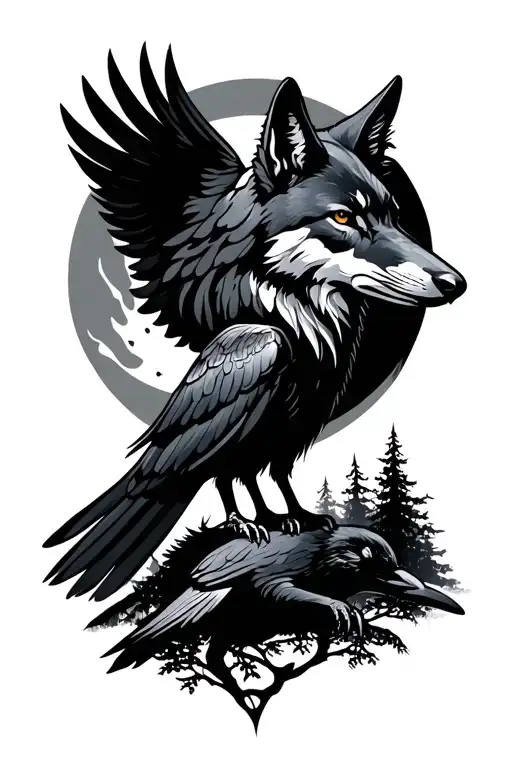 Wolf And Raven With Moon And Trees