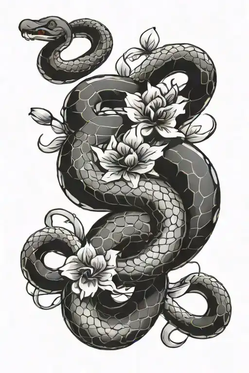 Aggressive And Fantasy Snake As Number 6 Shaped And Some Of Sakura Flowers