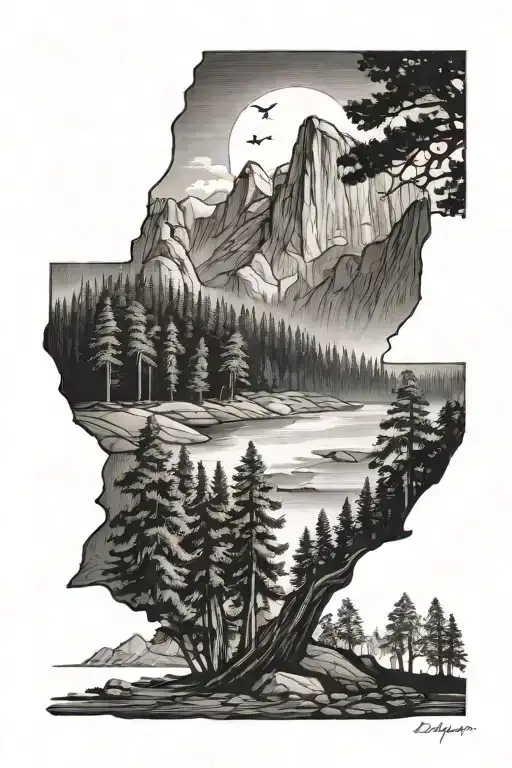 California Beach Scene And Yosemite Mountains Filled With Trees