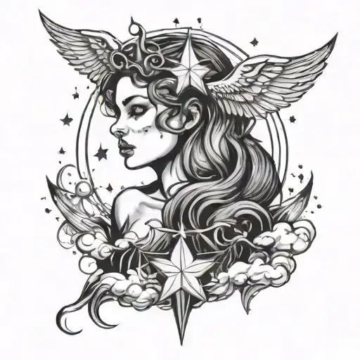Half Angel Half Devil Lady With Stars And Clouds