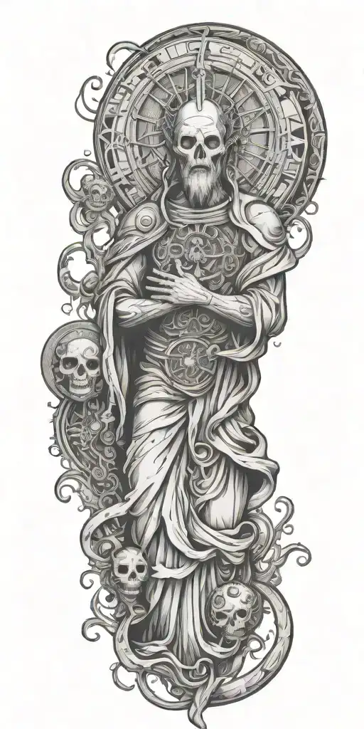 A Mystical Religious Figure Surrounded By Elements Inspired By Iconic Horror Movies