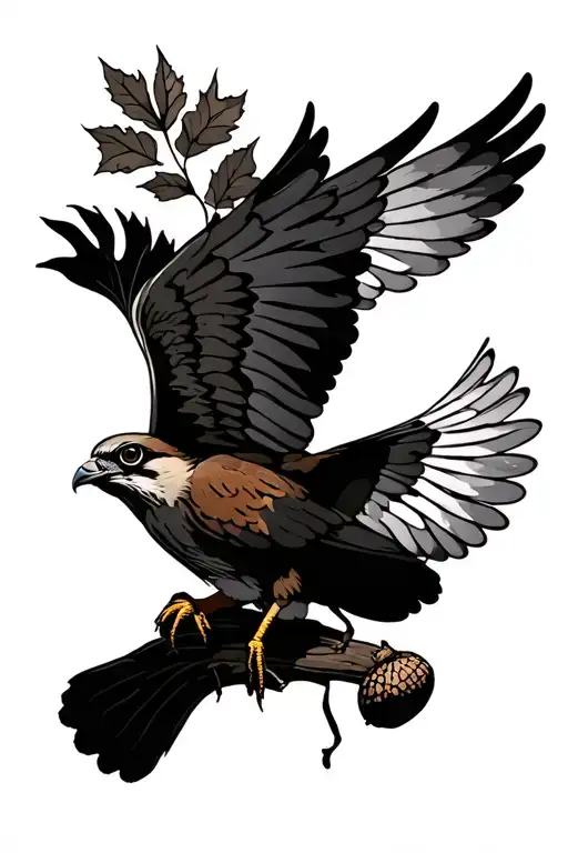 Kestrel Spread Wings Oak Tree Leaves Acorn