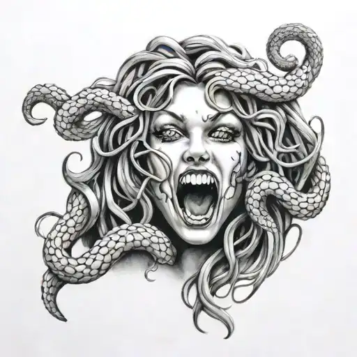 Medusa Head With 2 Extra Snakes Beside Her With There Mouths Open And Fangs Out