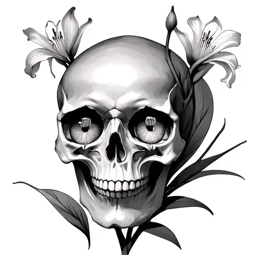 Slightly Left Facing Skull With Single Gladiolus Flower Inside Each Eye Socket