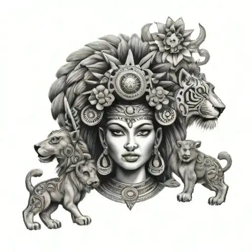Mexican Aztec Goddess With Lions And Baby Angels