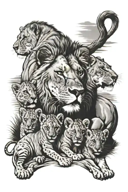 A Mother Lion With 6 Lion Cubs Playing On A Beach At Sunset