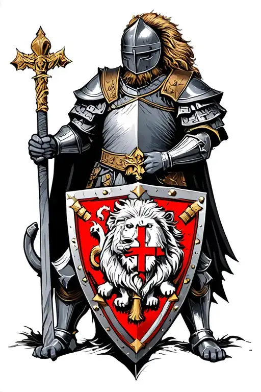 Knights Templar Holding Shield With Lion Rampant In Color