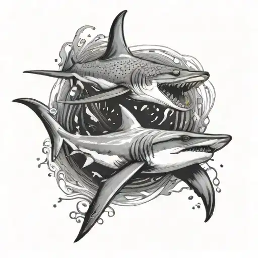 Great Hammerhead Shark And Whale Shark Swimming