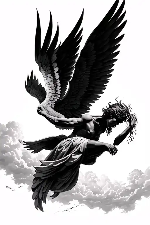 Realism Icarus With Wings Is Falling From Sky To The Earth