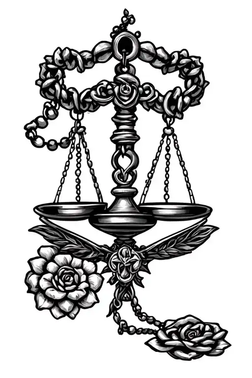 Libra Scale And Rosary Going Around Forearm With The Karma Logo