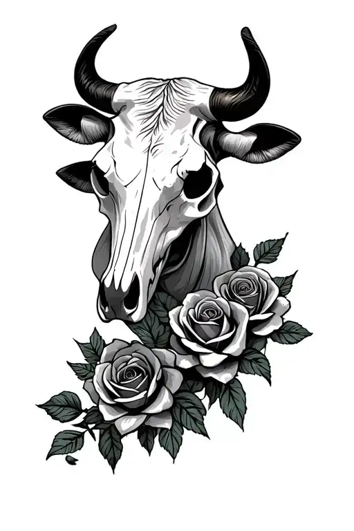 Bull And Cow Skull With Roses