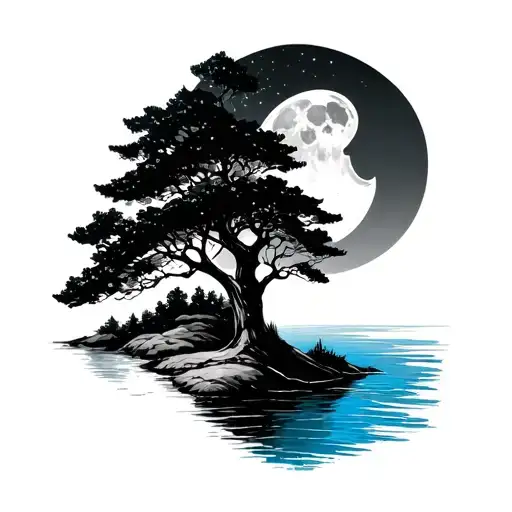 One Side Tree With A Moon Behide It At Night The Other Side A Sunny Day With A Blue River