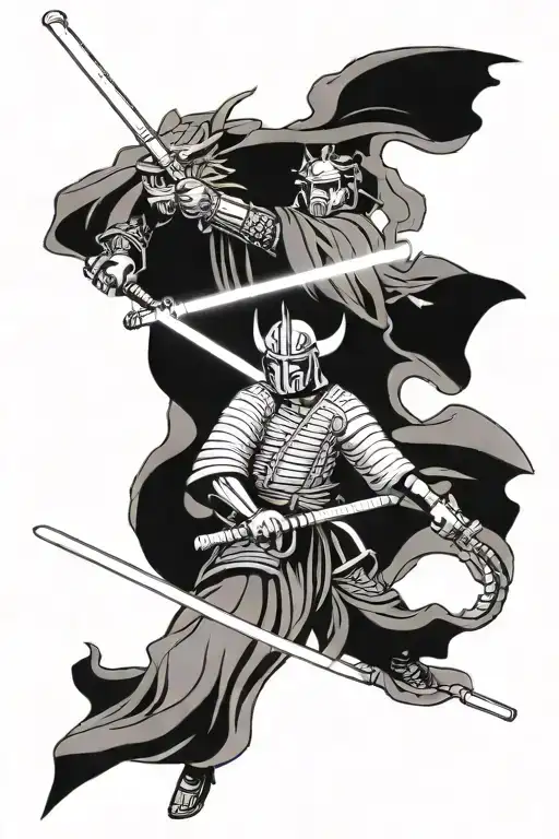 A Japanese-inspired Tattoo Of A Lightsaber Wielding Samurai Battling A Dragon In A Black-grey Style