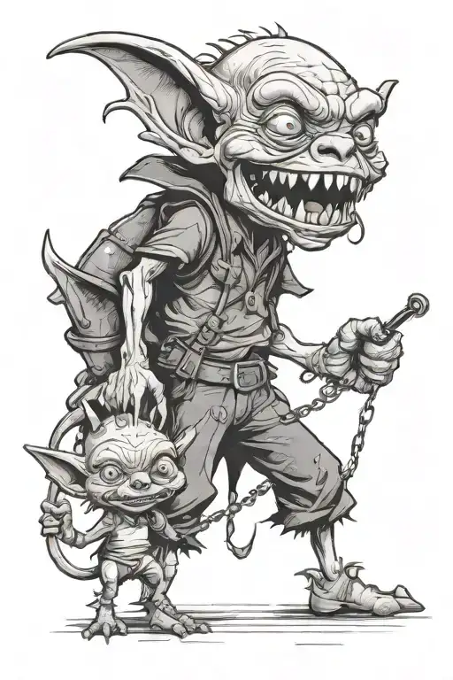 Happy And Kind Goblin Boy Holdin Demon On A Leash