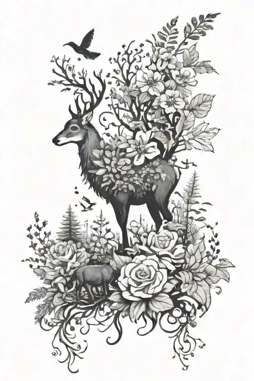 Flowers And Forest And Silhouettes Of Animals Together With Nature