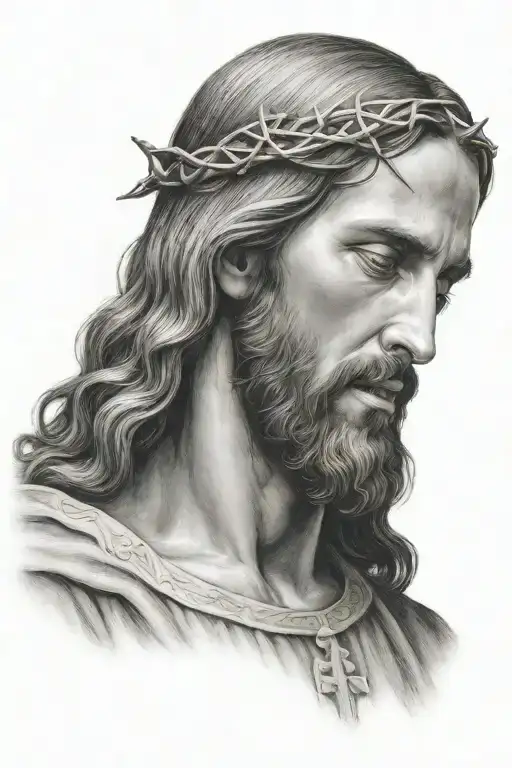 Hyper Realistic Portrait Of Jesus Christ Dark Shading And A Cross In The Foreground