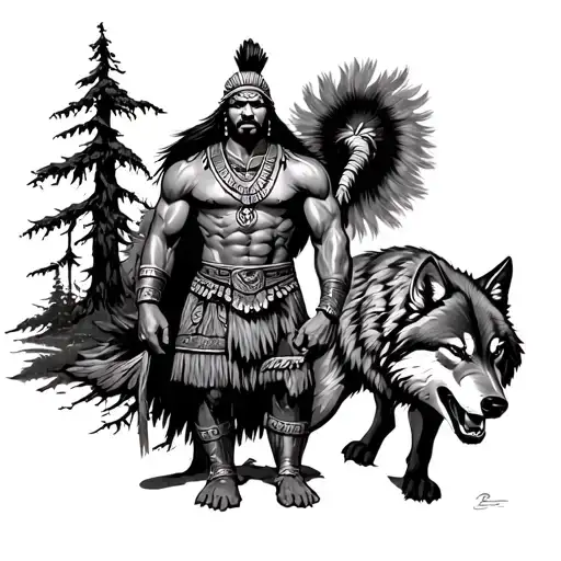A Powerful Zulu Warrior With An Aggressive Wolf And Trees Around Them