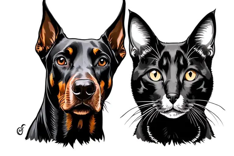Fine Line Art Doberman Dog Head With Cropped Ears Silhouette And Cat Silhouette Next To Each Other