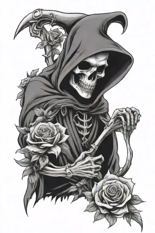 Grim Reaper Holding Flowers In Hands