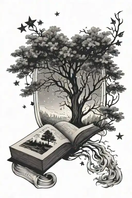 Trees And Book Open In Front And Stars Shining