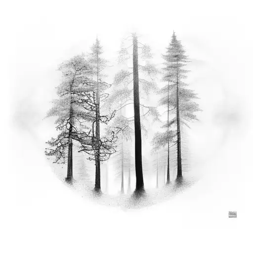 A Black And Grey Tattoo Of A Forest With Hidden Musical Elements Like Guitars And Notes